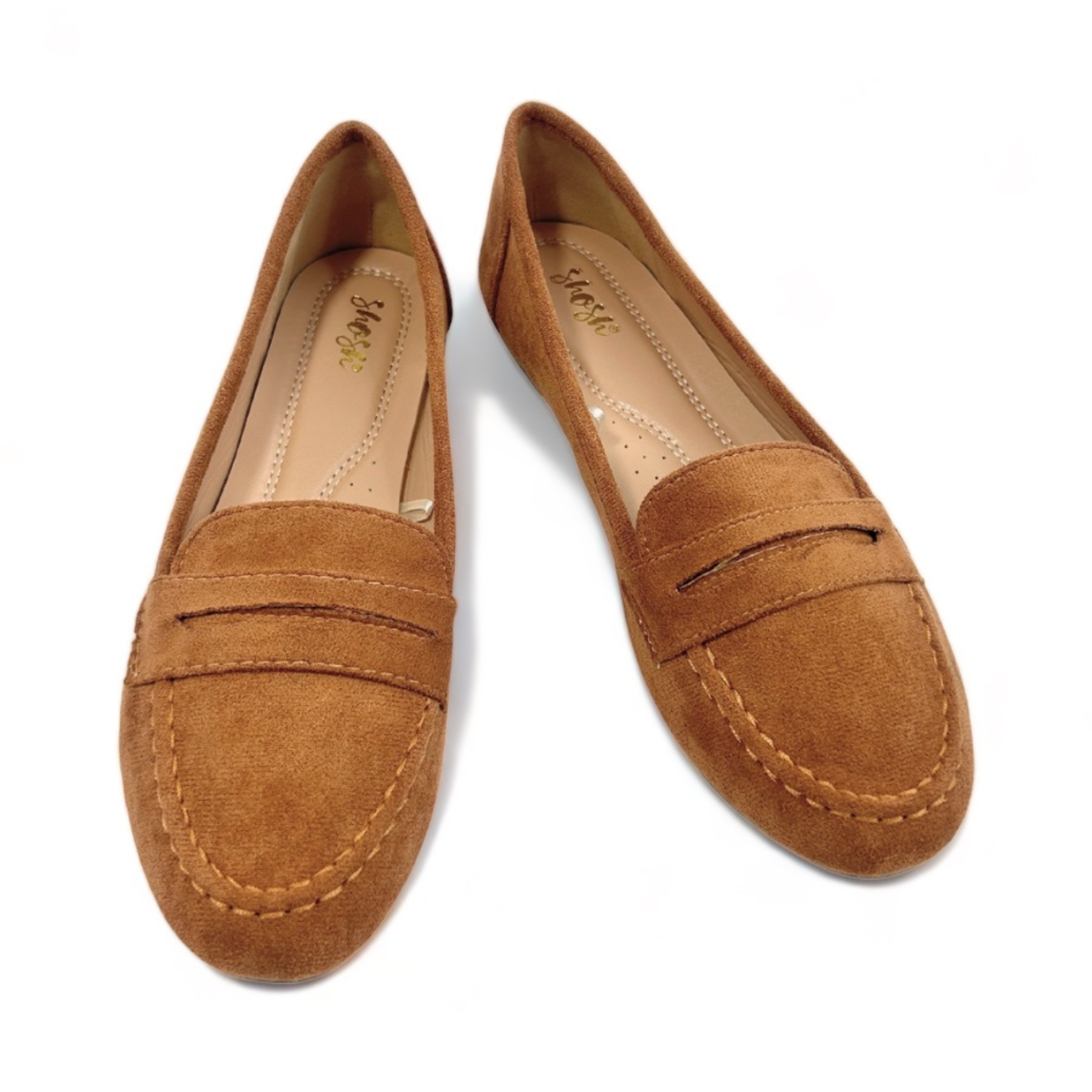 Mocasines loafer de gamuza cómodos y suaves para mujer de color camel, Ballerinas confort casuales y elegantes de gamuza para mujer de color café, Zapatos sin tacón de gamuza para uso diario con hebilla de gamuza para mujer