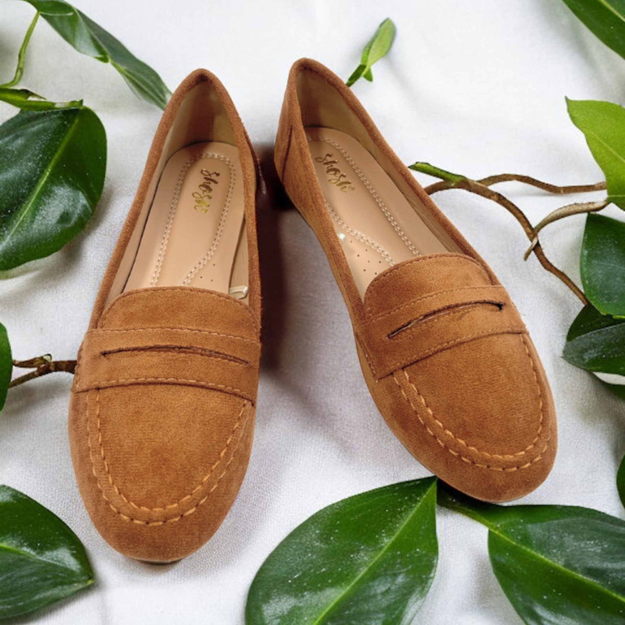 Mocasines loafer de gamuza cómodos y suaves para mujer de color camel, Ballerinas confort casuales y elegantes de gamuza para mujer de color café, Zapatos sin tacón de gamuza para uso diario con hebilla de gamuza para mujer