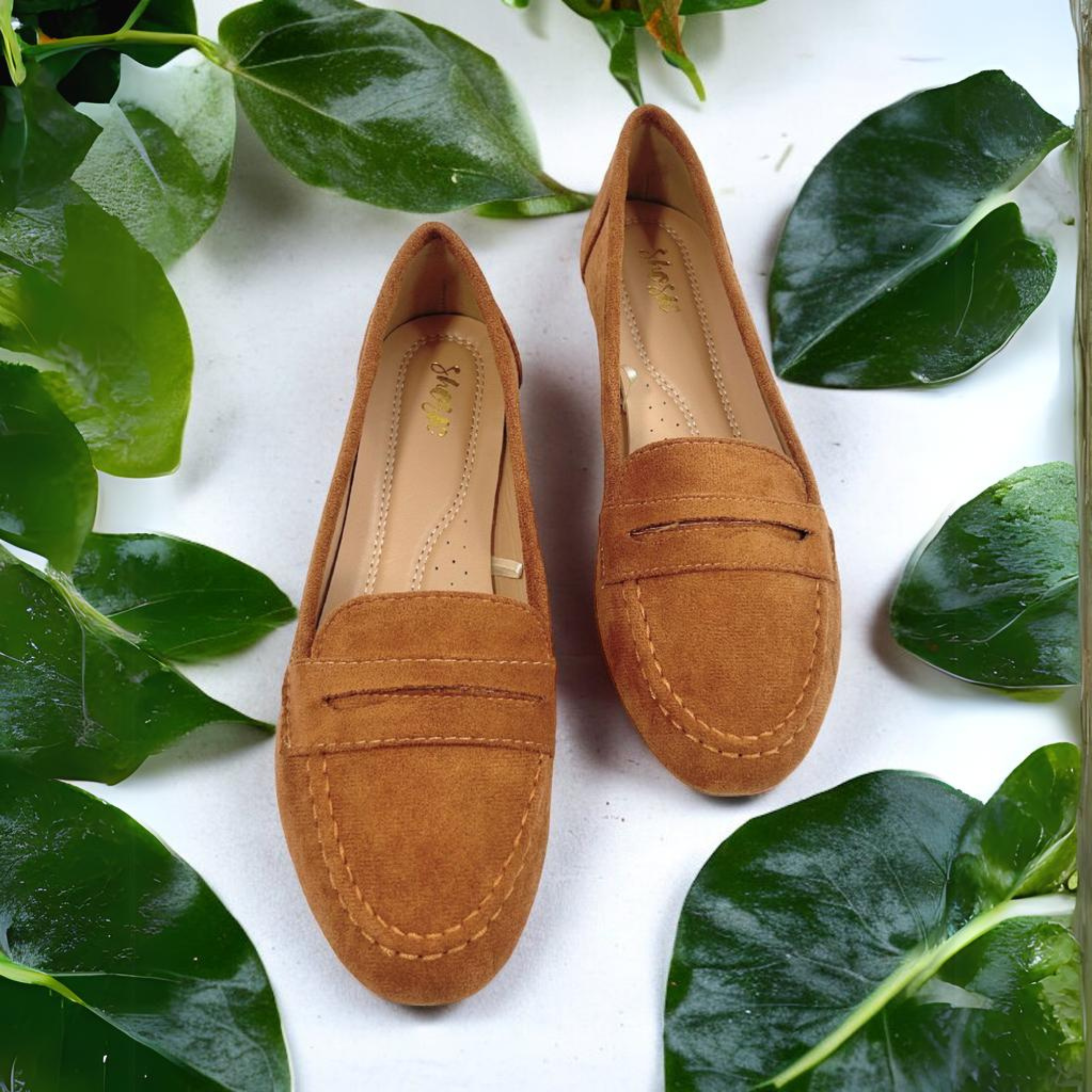Mocasines loafer de gamuza cómodos y suaves para mujer de color camel, Ballerinas confort casuales y elegantes de gamuza para mujer de color café, Zapatos sin tacón de gamuza para uso diario con hebilla de gamuza para mujer