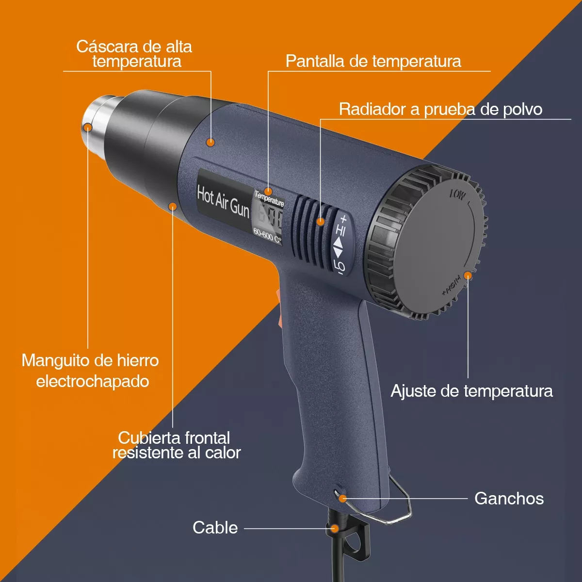Pistola Calor 2000w Pantalla Digital Lateral, Temperatura
