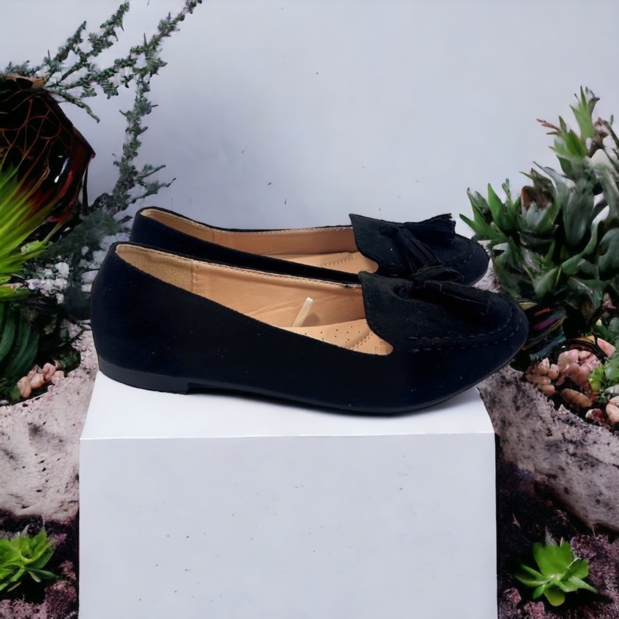 Mocasines loafer de gamuza cómodos y suaves con diseño de cordón para mujer de color negro, Ballerinas confort casuales y elegantes de gamuza para mujer de color negro, Zapatos sin tacón de gamuza para uso diario con cordón de gamuza para mujer