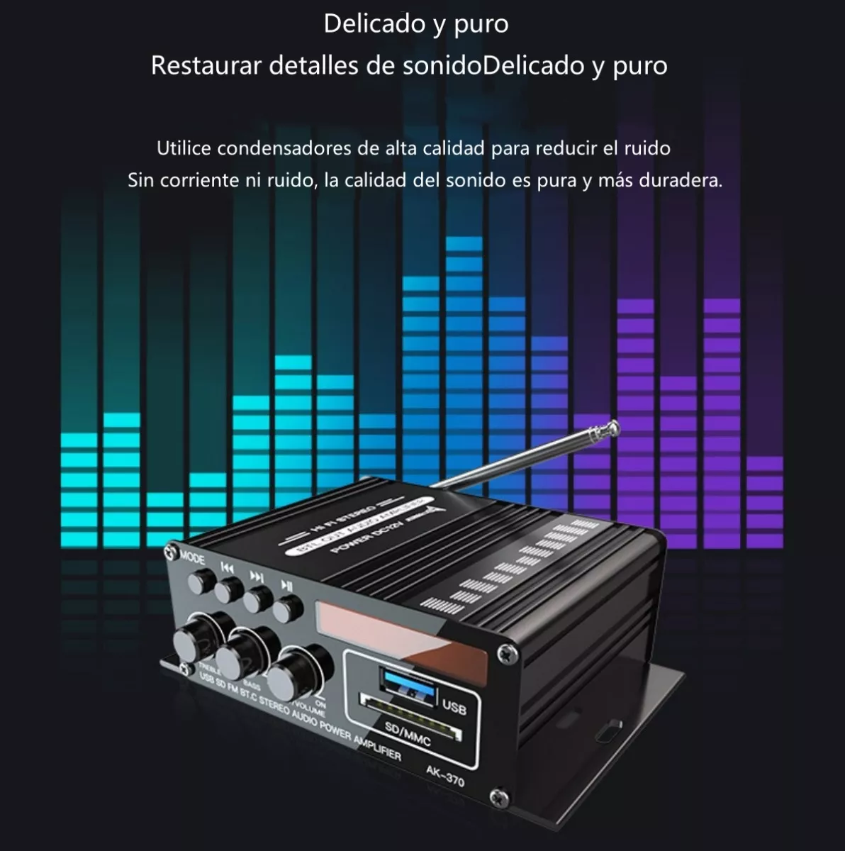 Amplificador De Audio Para Auto 2 Canales Bluetooth Negro