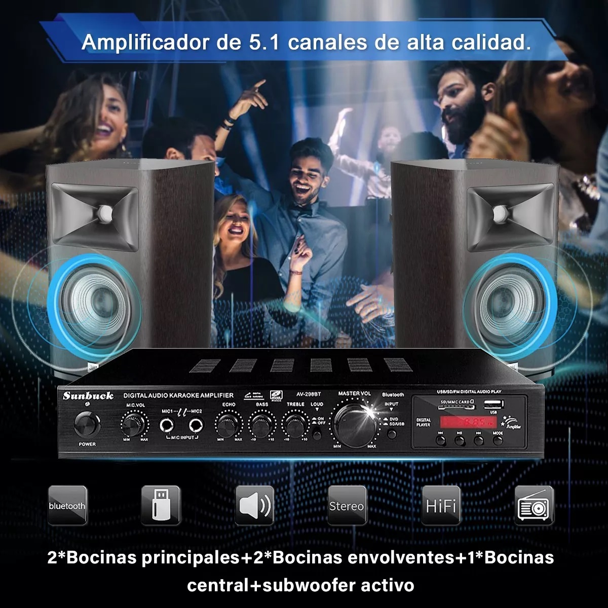 Amplificador De Audio Sunbuck Av-298bt De 5 Canales, 2000w