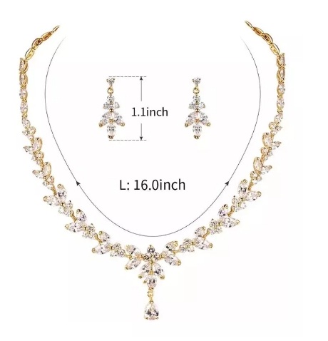Fino Set Collar Y Aretes Novia dorado Zirconia Cz Corte Diamante hoja de olivo