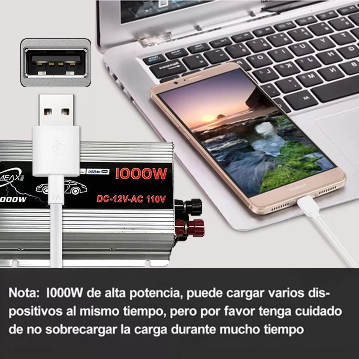 Inversor De Corriente Para Con Coche Dc 12v A 110v 1000w Gris