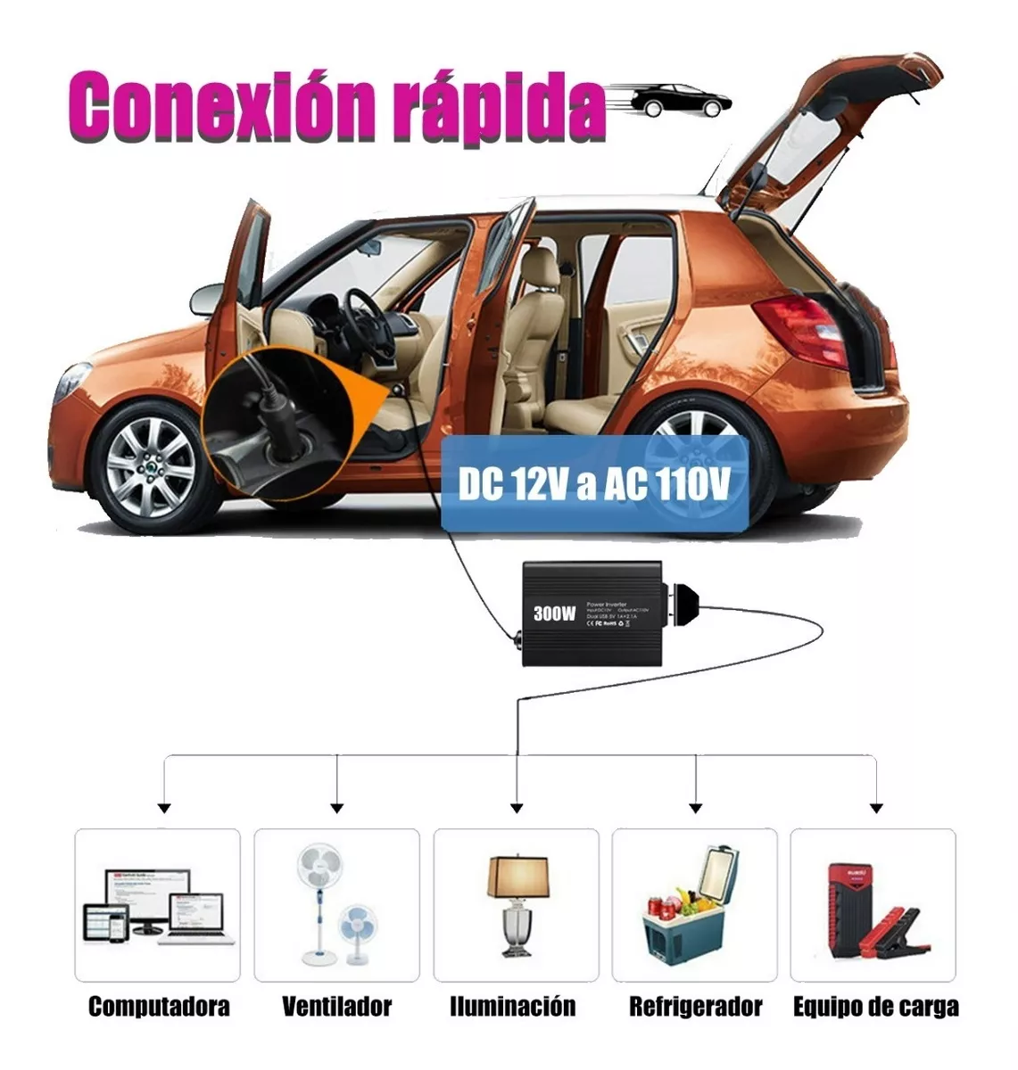 Inversor De Corriente Automático, 12v A 110v 300w, 2 Ac Y 2 Negro