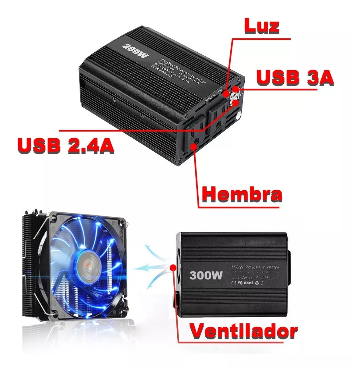Inversor De Corriente Automático, 12v A 110v 300w, 2 Ac Y 2 Negro