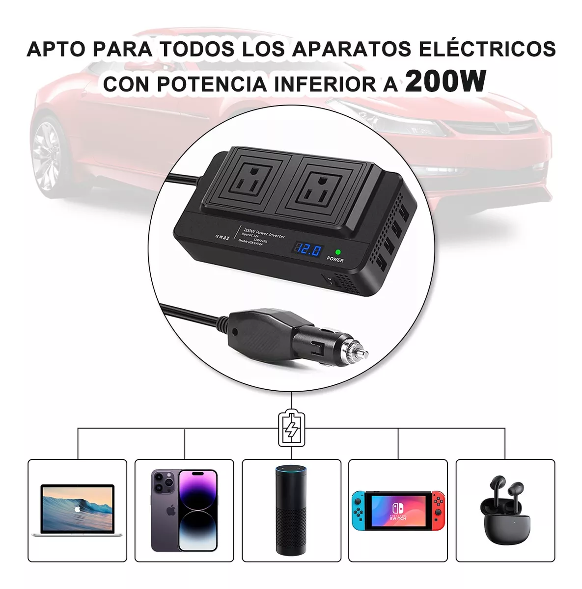 Inversor De Corriente Portátil Para Auto De 200w 12v A 110v Negro