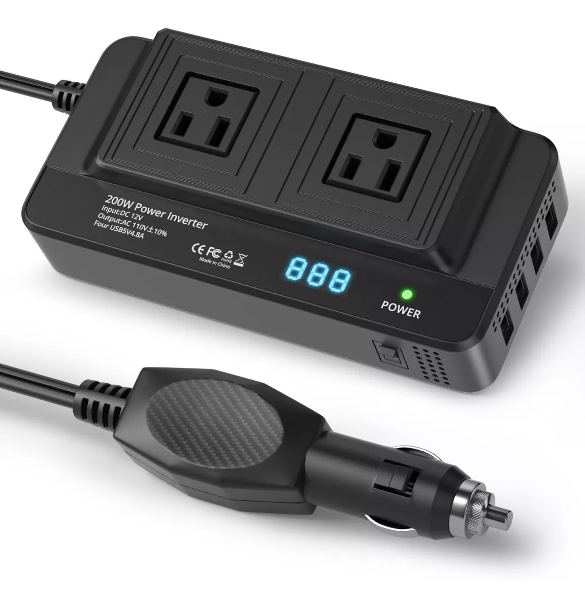 Inversor De Corriente Portátil Para Auto De 200w 12v A 110v Negro
