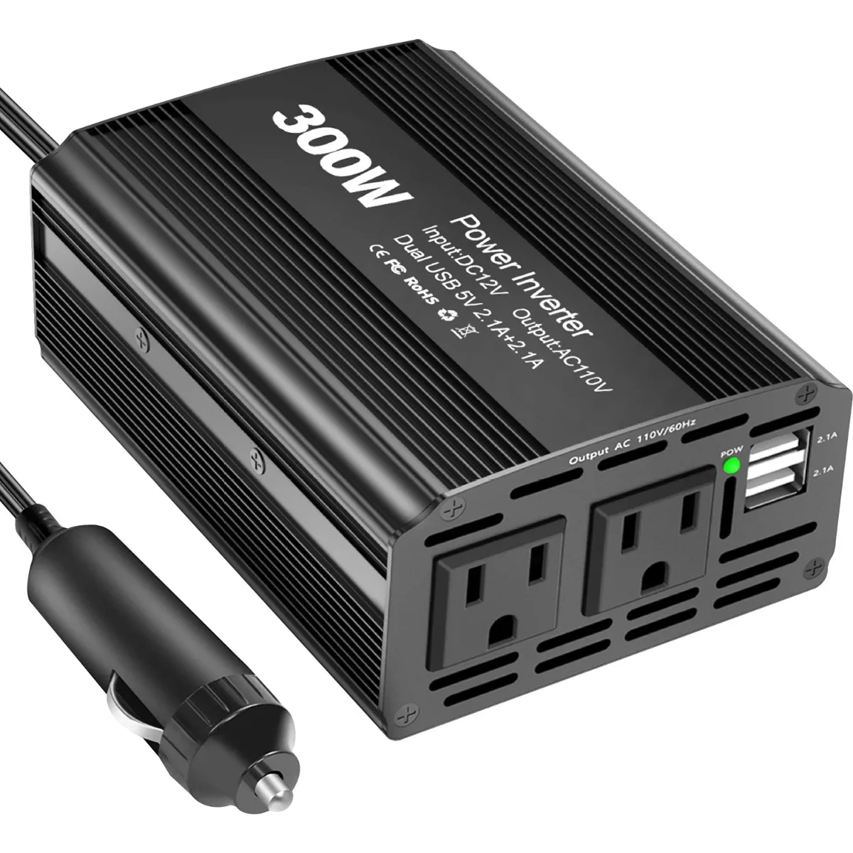 Inversor De Corriente Automático, 12v A 110v 300w, 2 Ac Y 2 Negro