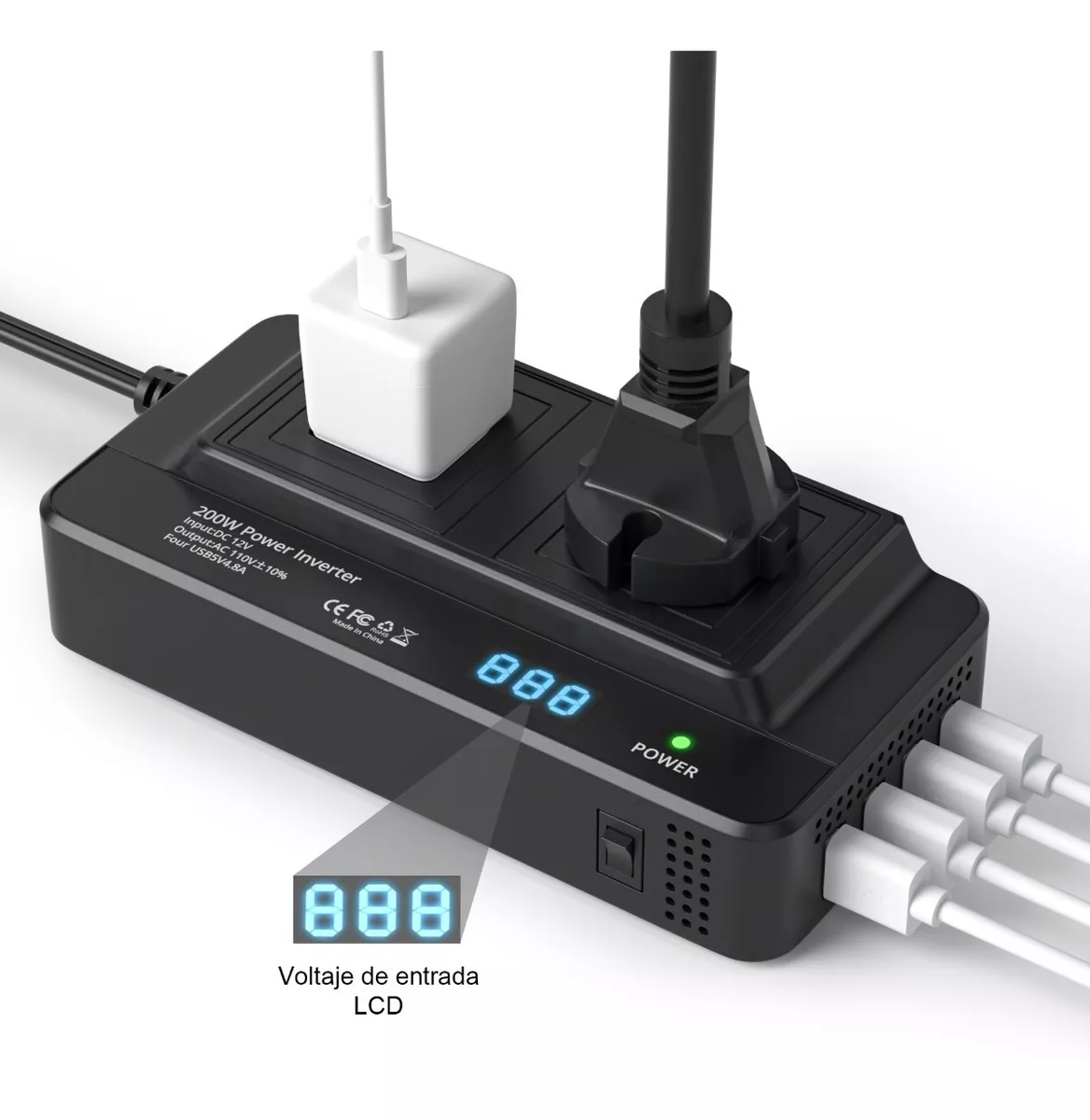 Inversor De Corriente Portátil Para Auto De 200w 12v A 110v Negro