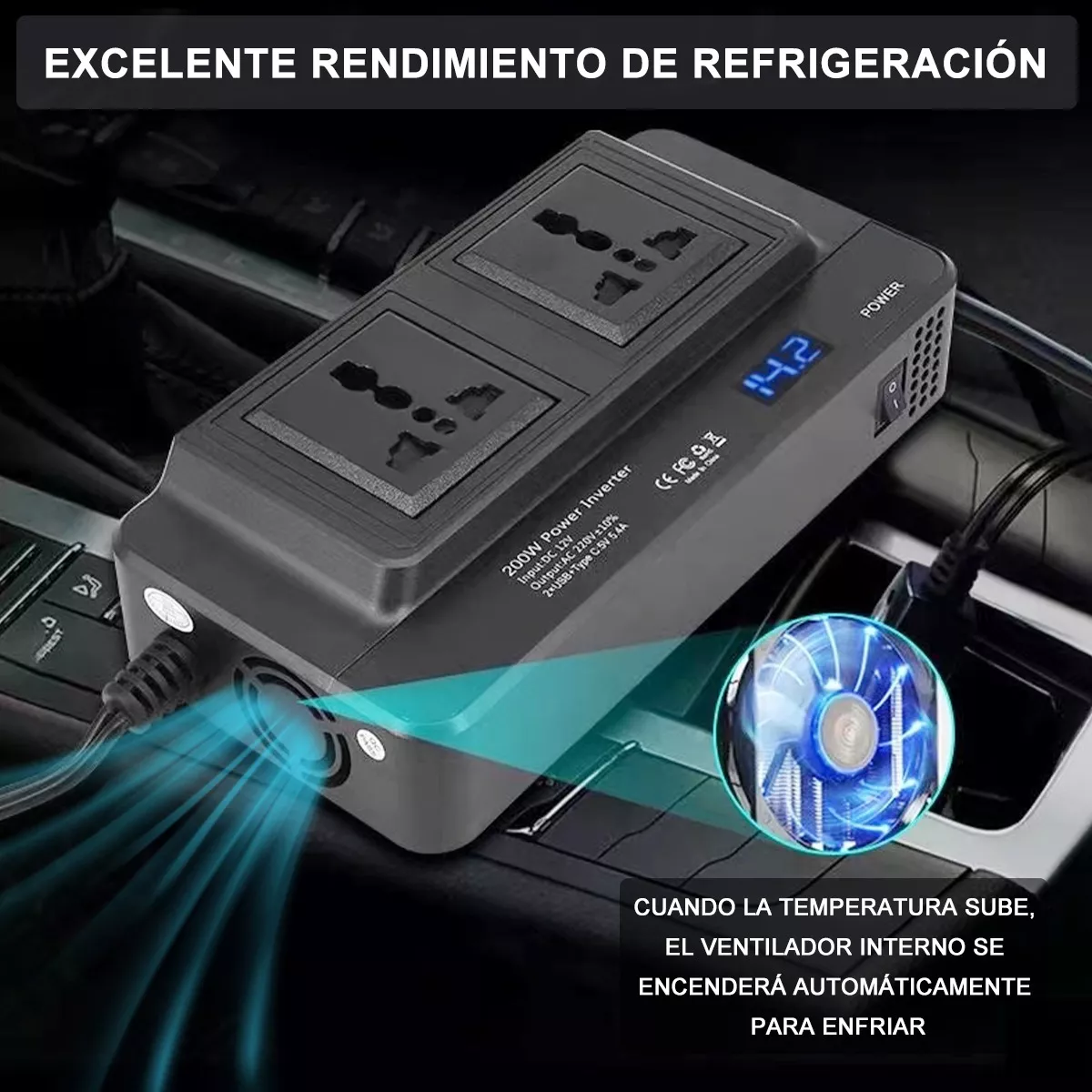 Inversor De Corriente Portátil Para Auto De 200w 12v A 110v Negro
