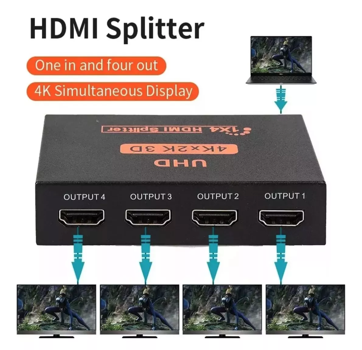Divisor Splitter 4k 1 Entrada 4 Salidas 1080p 60hz negro