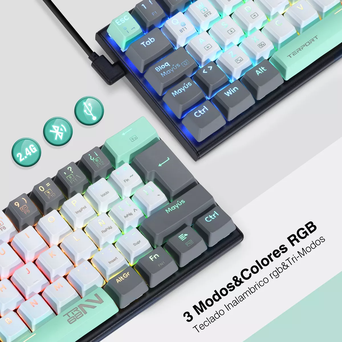 Mini Teclado Inalambrico Español Z11 Con Bt/receptor Usb/cable Verde menta RGB Outemu Red