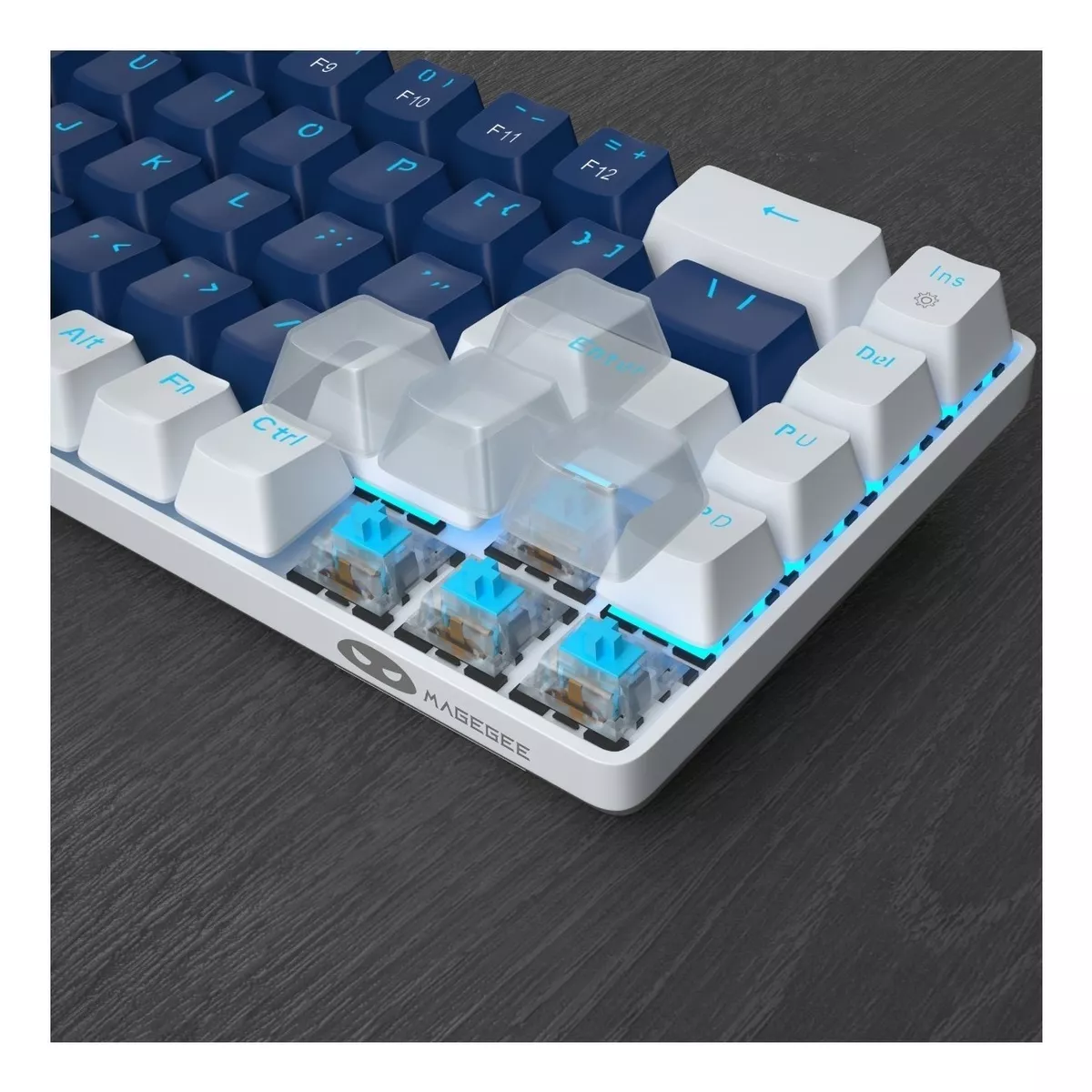 Teclado gamer Blue color azul y blanco con luz azul
