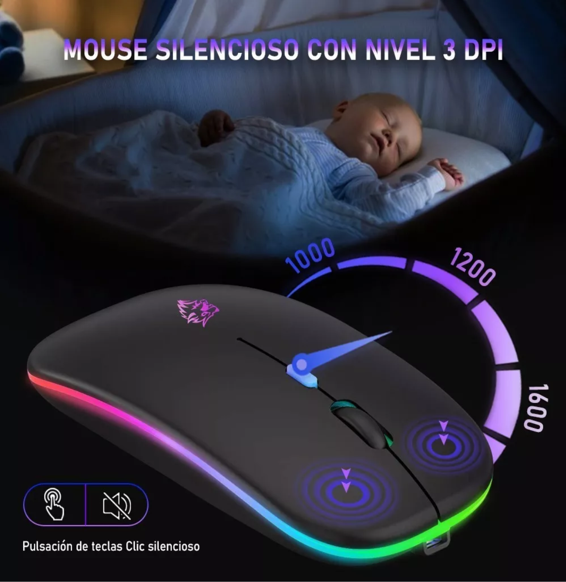 Ratón Silencioso De Oficina Inalámbrico Recargable De 2.4g Negro