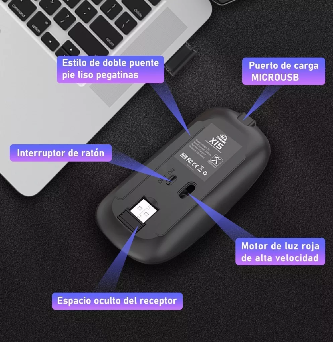 Ratón Silencioso De Oficina Inalámbrico Recargable De 2.4g Negro