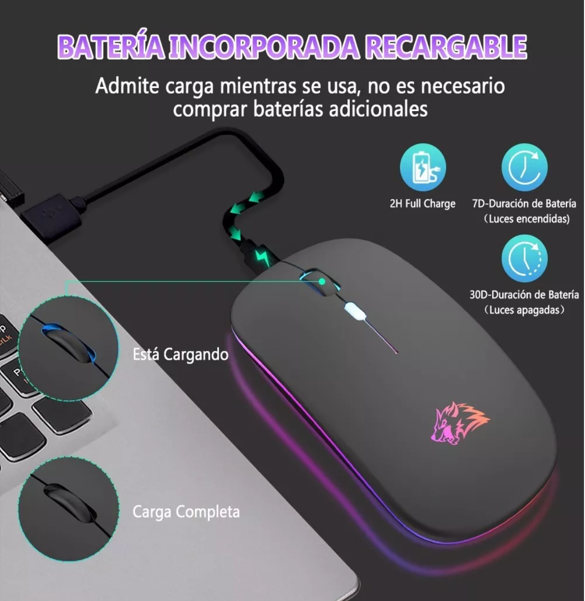 Ratón Silencioso De Oficina Inalámbrico Recargable De 2.4g Negro