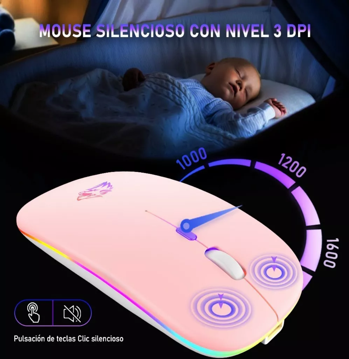 Ratón Silencioso De Oficina Inalámbrico Recargable De 2.4g Rosa