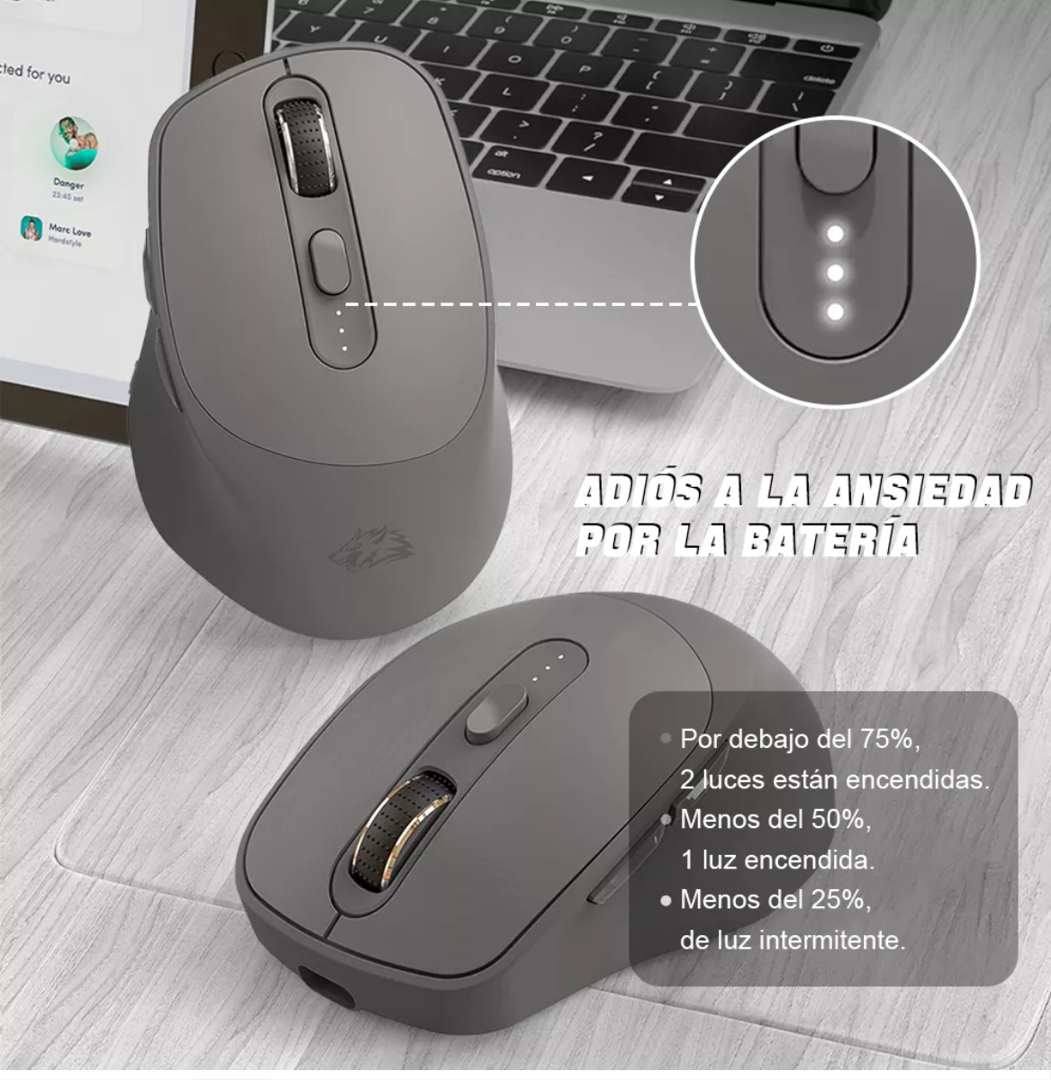 Mouse Inalámbrico Silencioso Ergonómico Gris