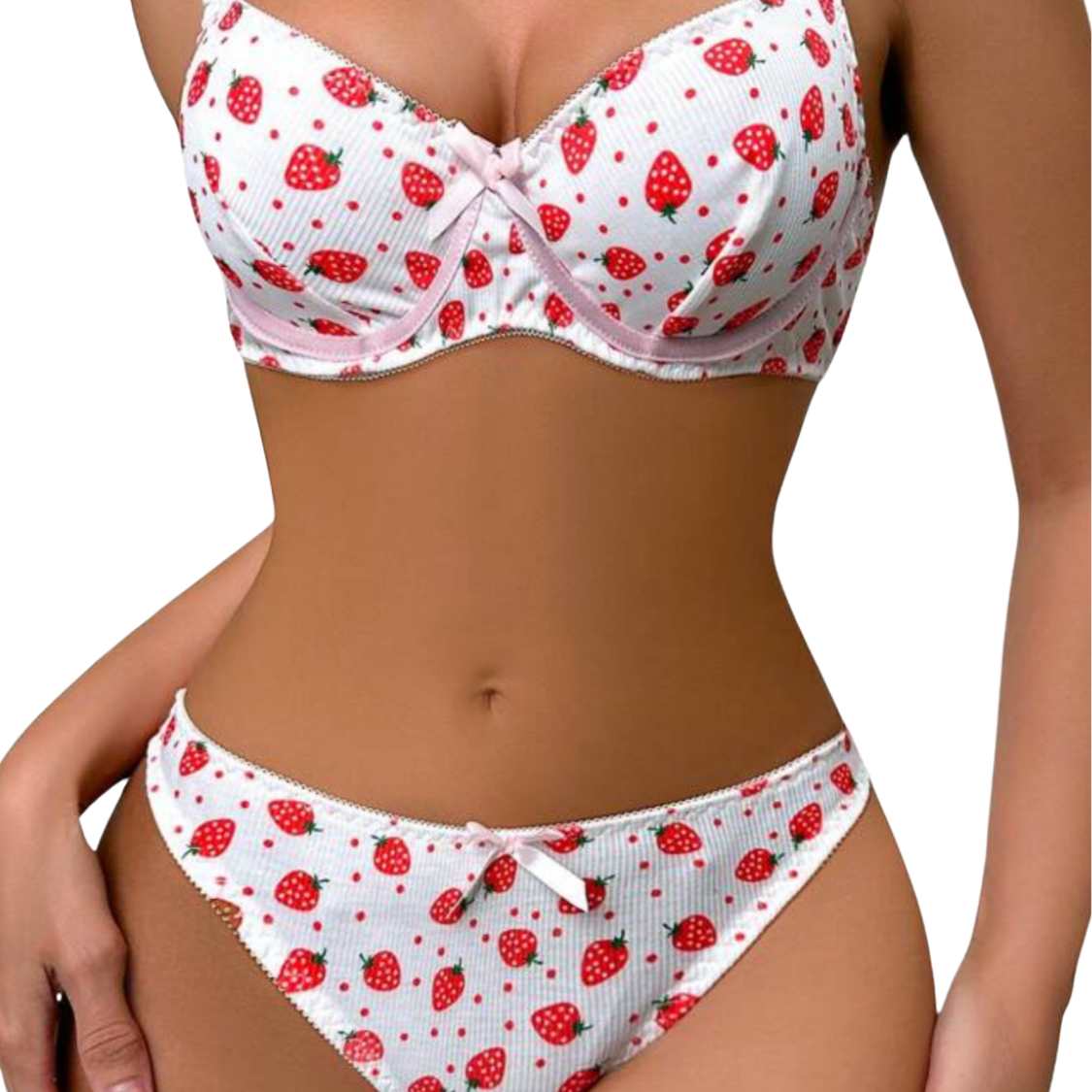 Set de lencería de estampado de fresas con sujetador ajustable con aro para mujer
