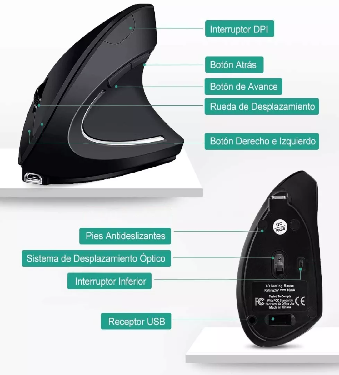 Mouse Vertical Inalámbrico 2.4g Ergonómico, Recargable Negro