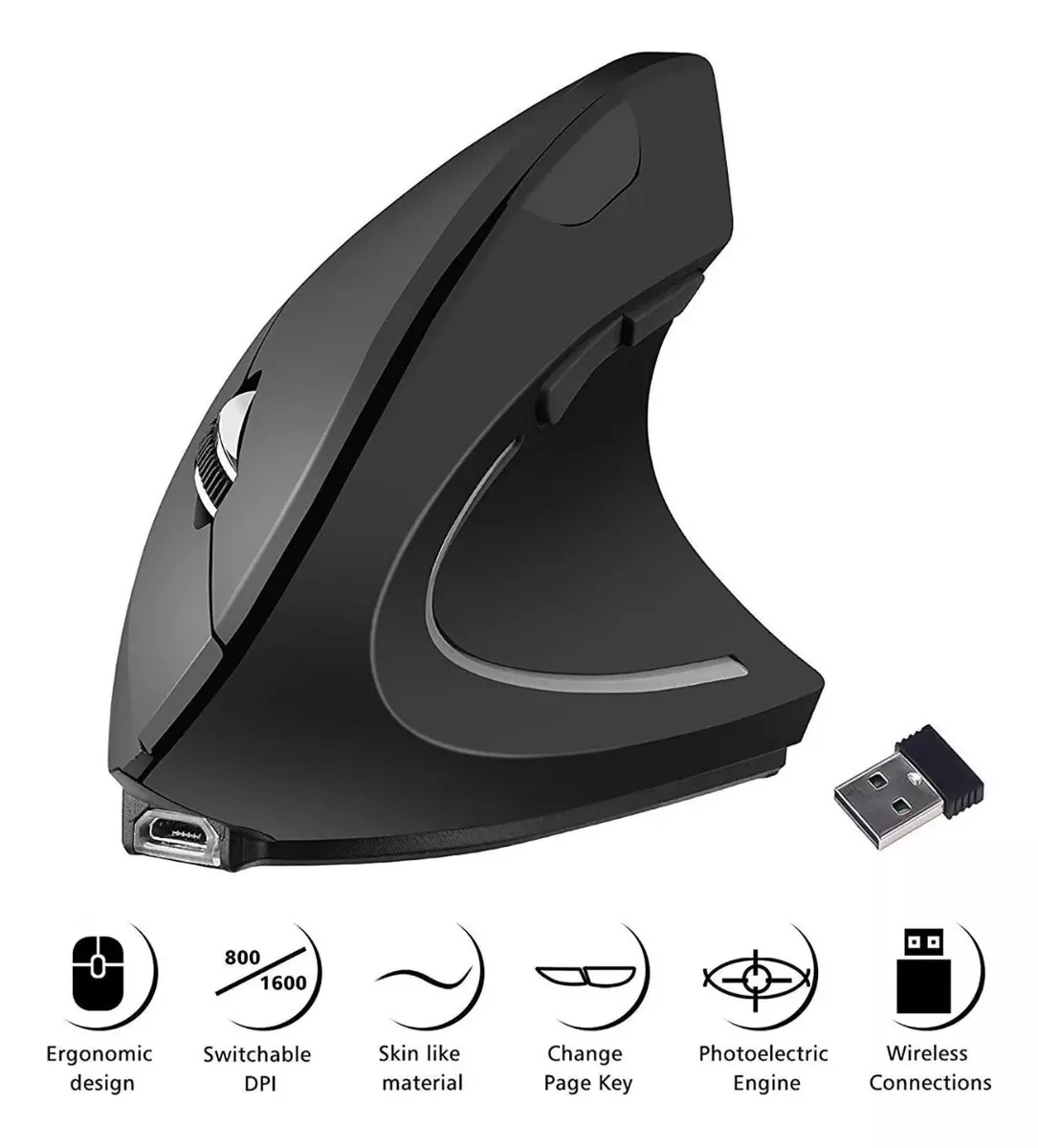 Mouse Vertical Inalámbrico 2.4g Ergonómico, Recargable Negro