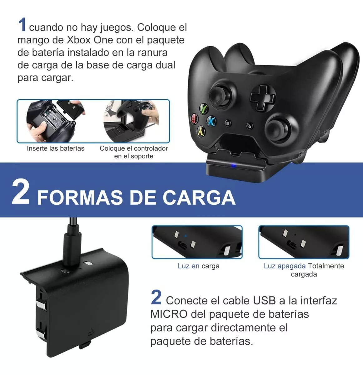 Carga Y Juega Base Cargadora Doble Para Controles Xbox Negro
