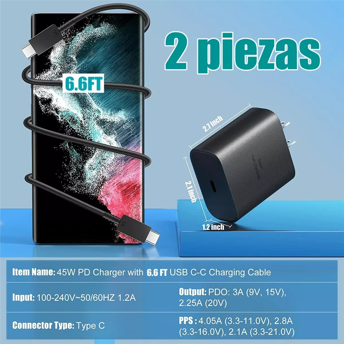 Cargador Tipo C De 45w Para Samsung S23 S23 Ultra 2 Piezas Negro