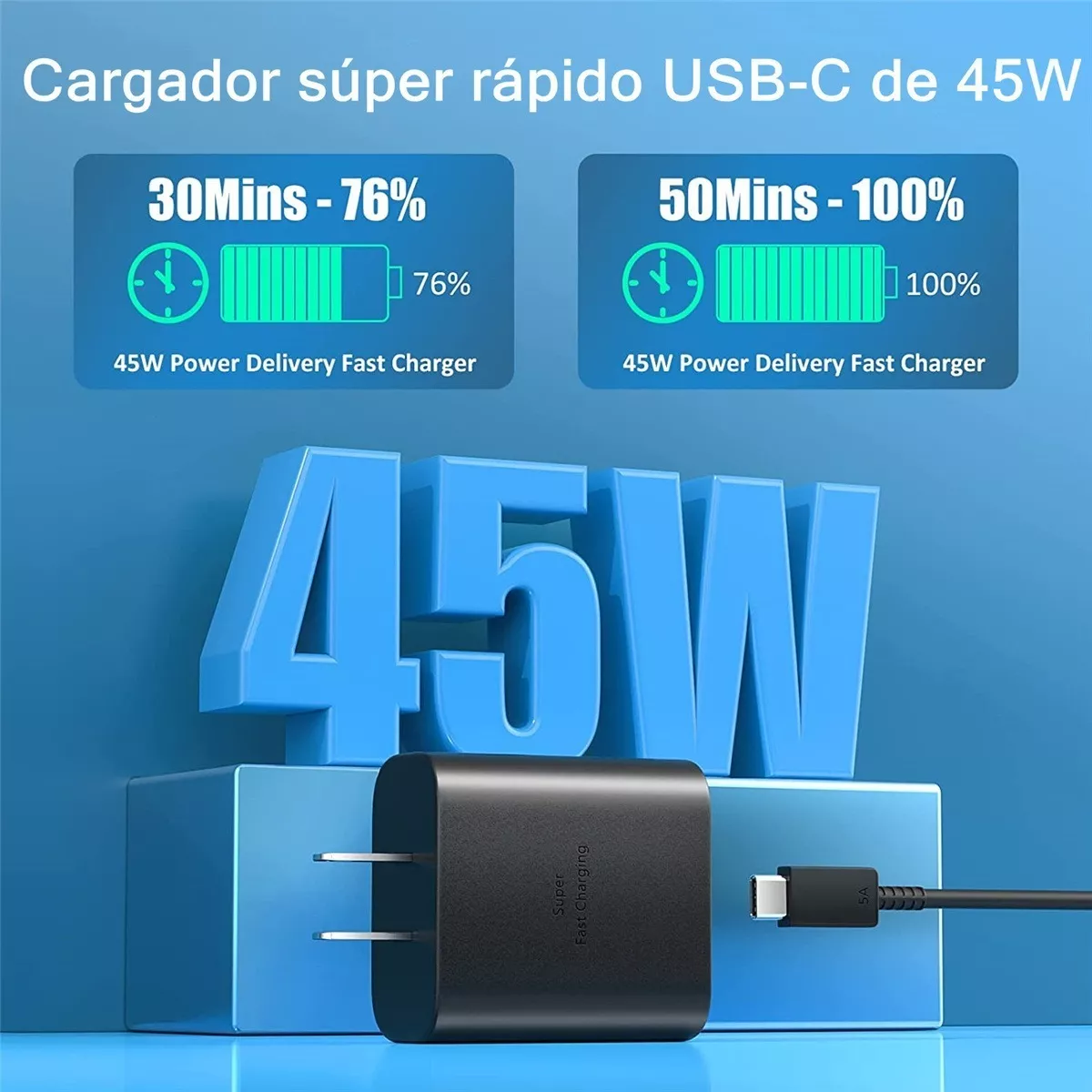 Cargador Tipo C De 45w Para Samsung S23 S23 Ultra 2 Piezas Negro