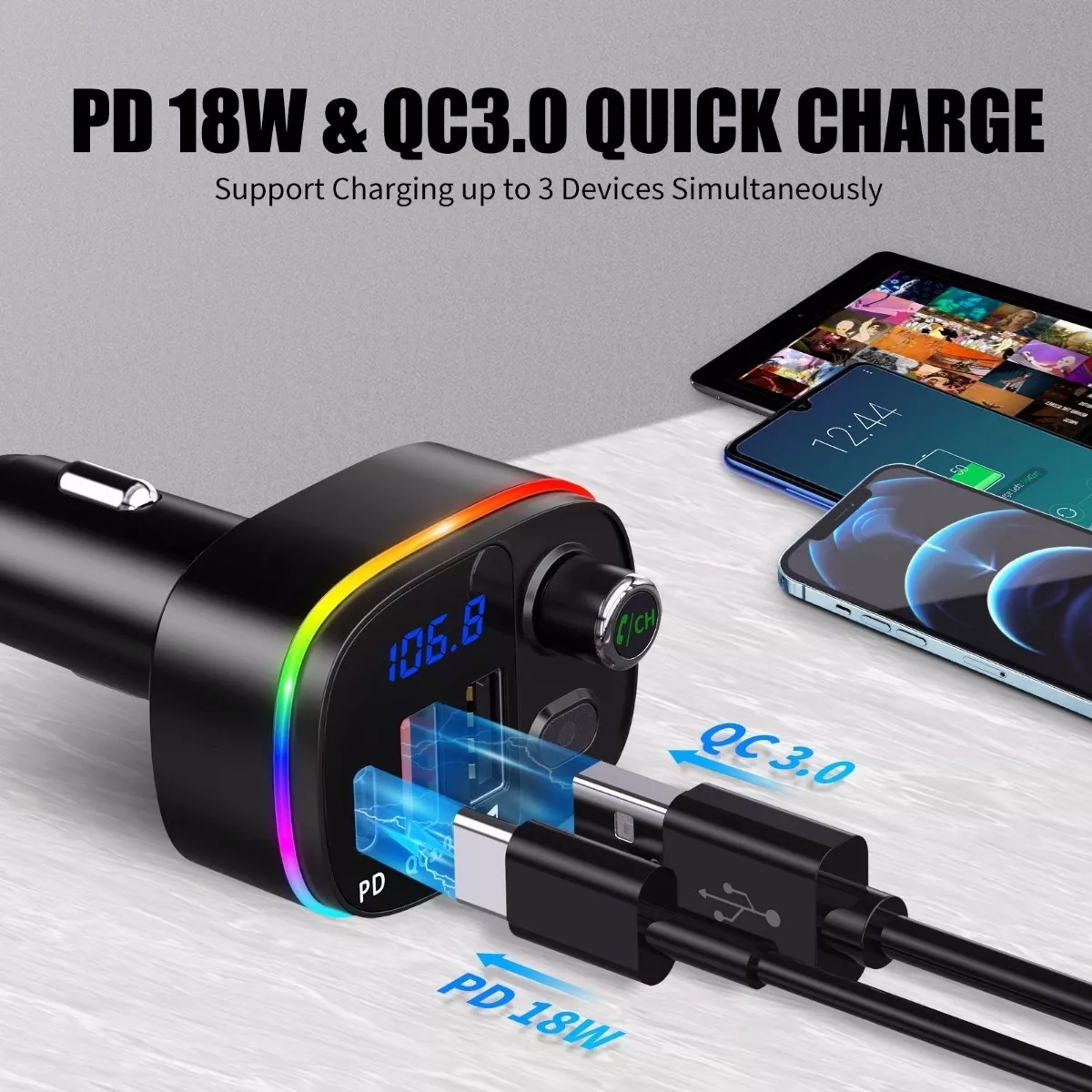 Transmisor Fm Bluetooth Asistente Voz & Qc3.0 Pd Para Carro Negro