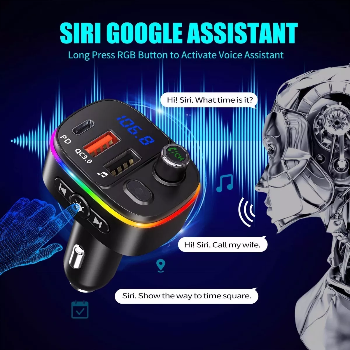 Transmisor Fm Bluetooth Asistente Voz & Qc3.0 Pd Para Carro Negro