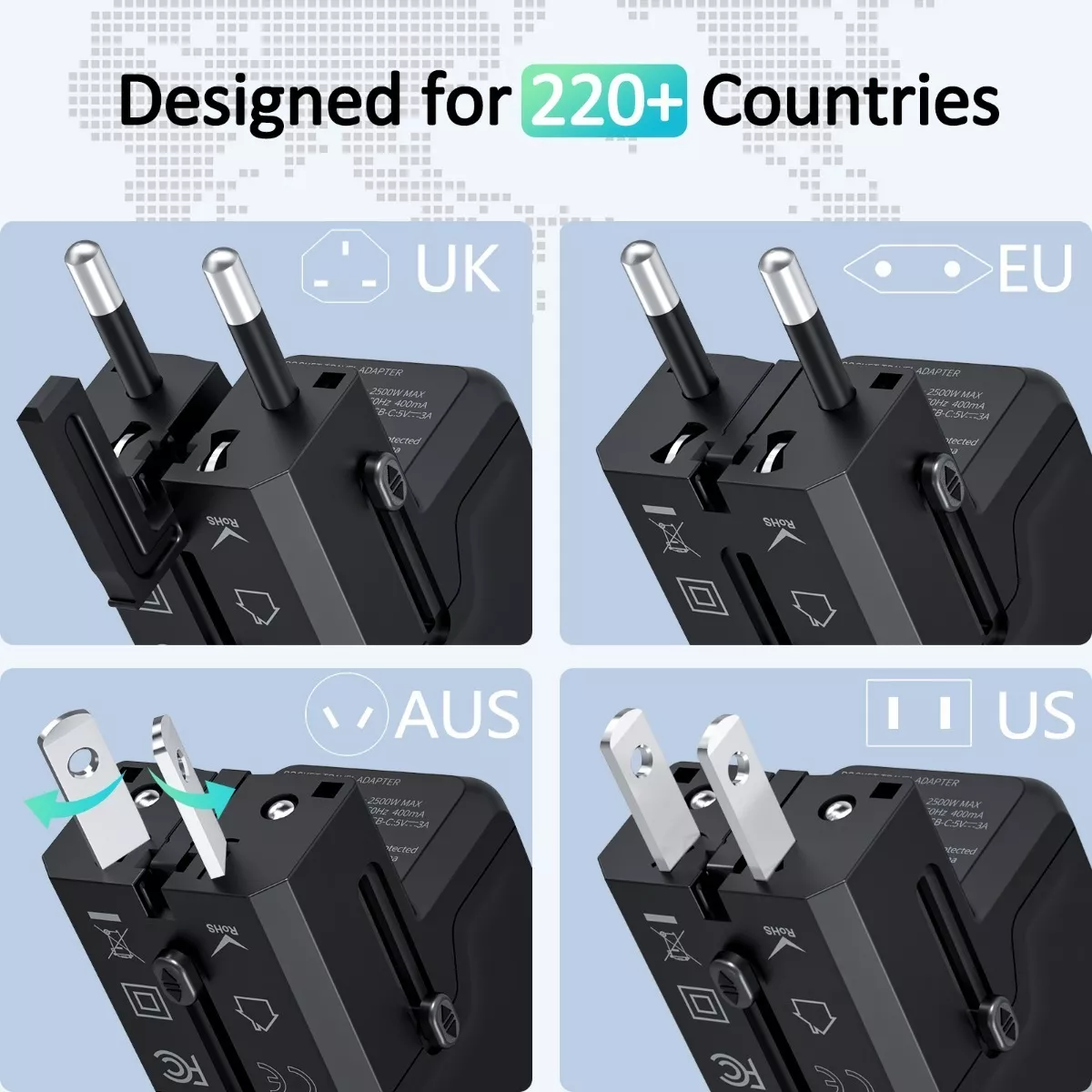 Adaptador De Viaje Enchufe Universal Clavija Usb Cargador Negro