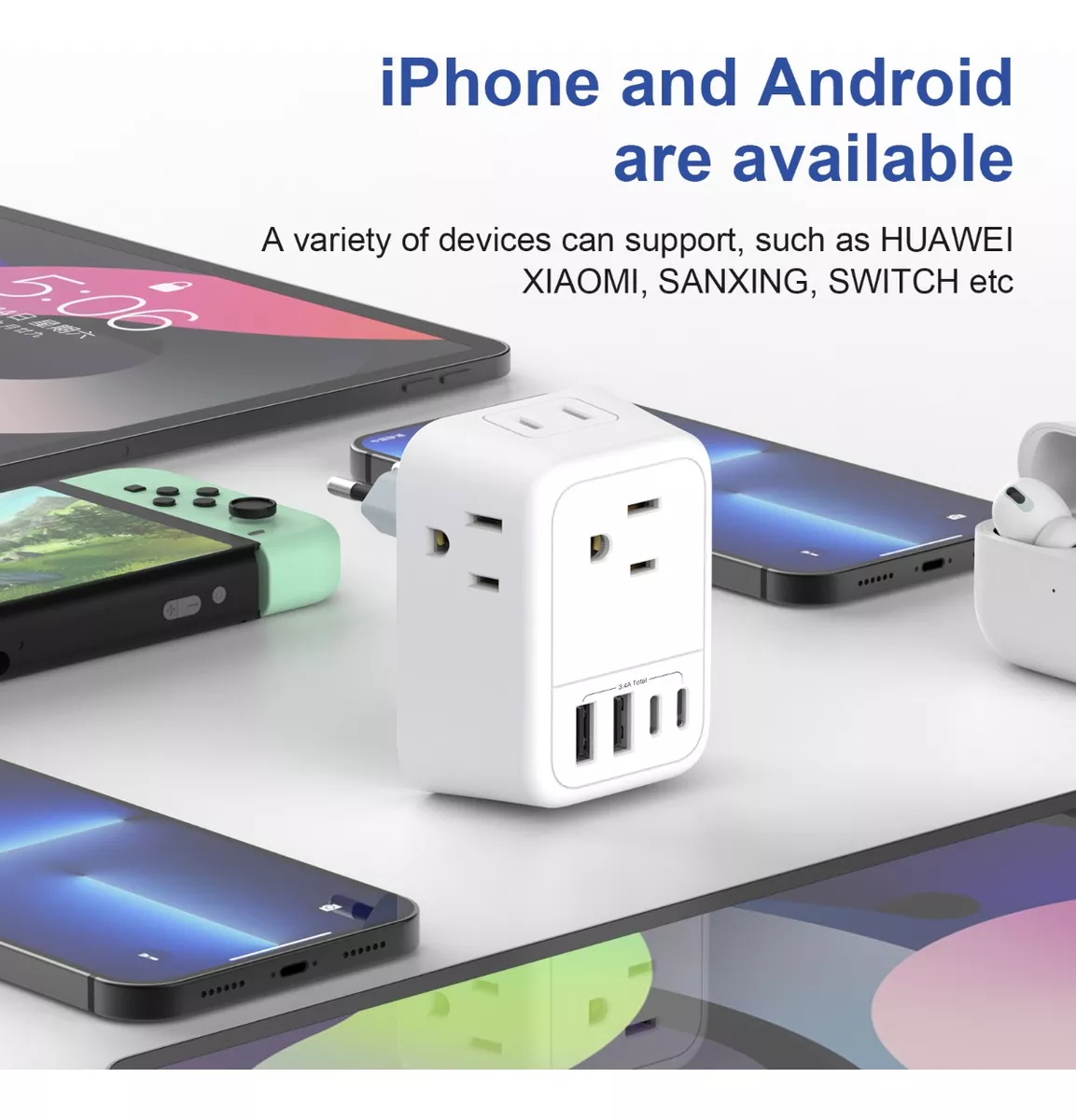 Adaptador De Europeo 4 Enchufes Con Puertos 2tipo C Y 2usb Blanco