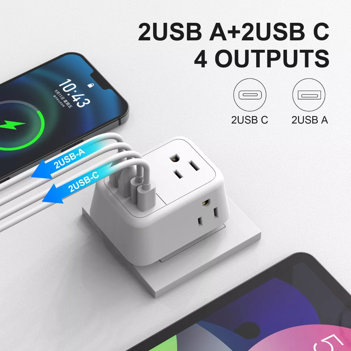 Adaptador De Europeo 4 Enchufes Con Puertos 2tipo C Y 2usb Blanco