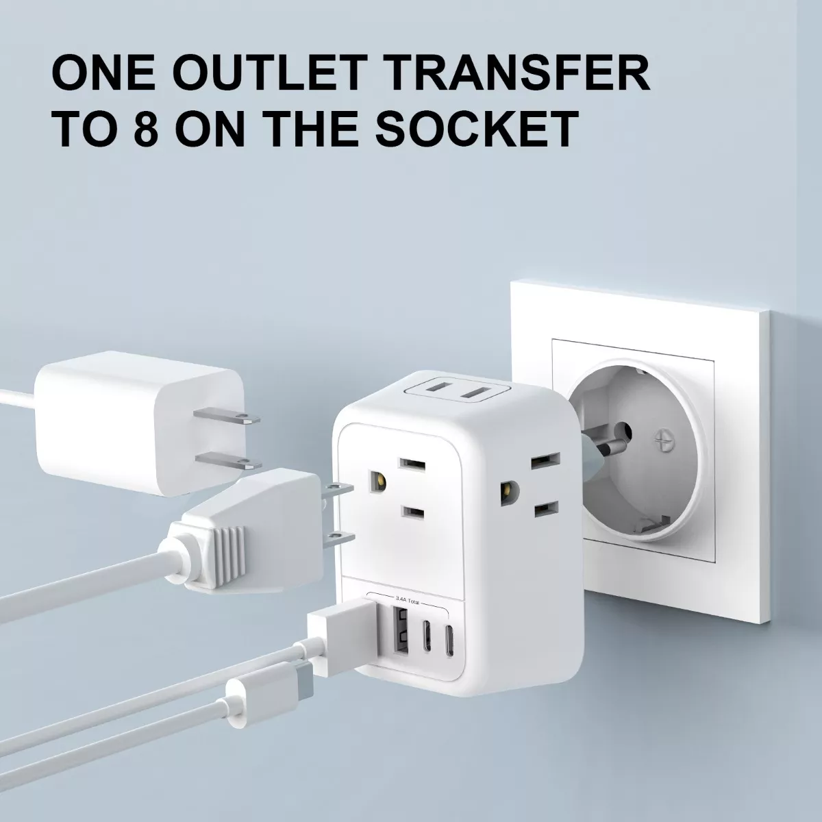 Adaptador De Europeo 4 Enchufes Con Puertos 2tipo C Y 2usb Blanco