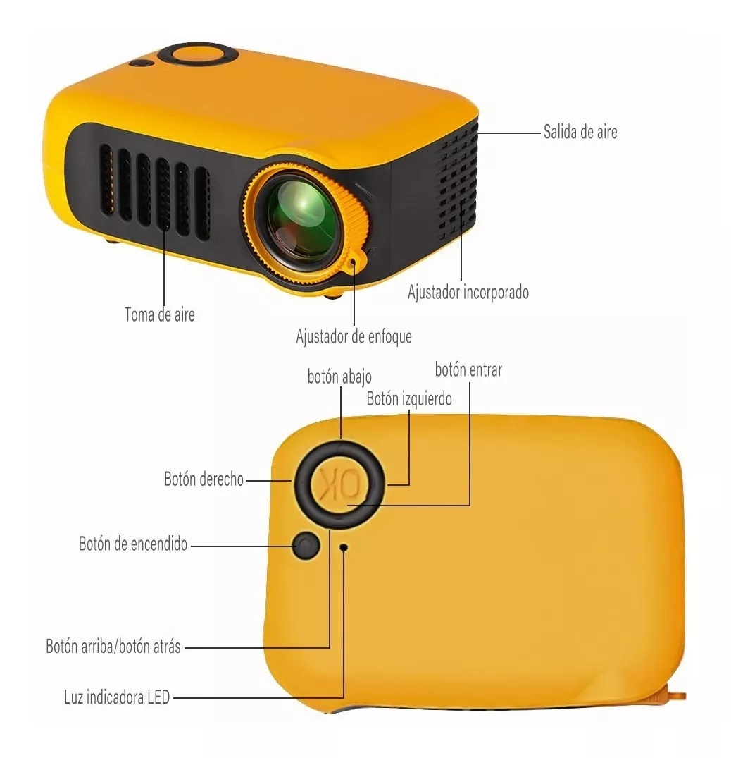 Mini Proyector Led Hd Portátil De 1080p Usb Hdmi Para Hogar Amarillo