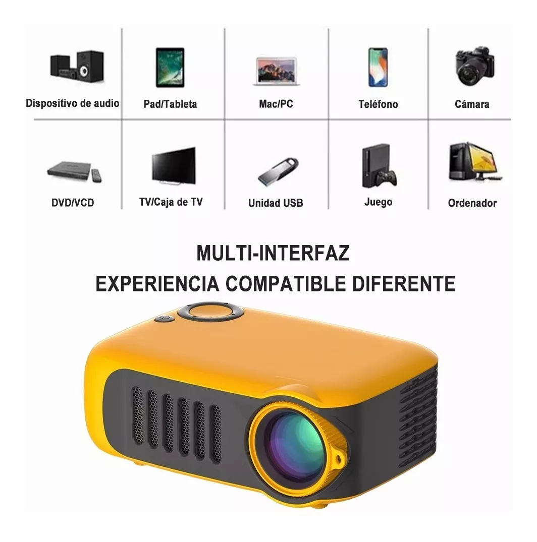 Proyector Pequeño, Batería 1300 MAh Mini Proyector HD Compacto Amarillo con  Altavoces para Dormitorio Exterior (Enchufe de la UE) : :  Electrónica