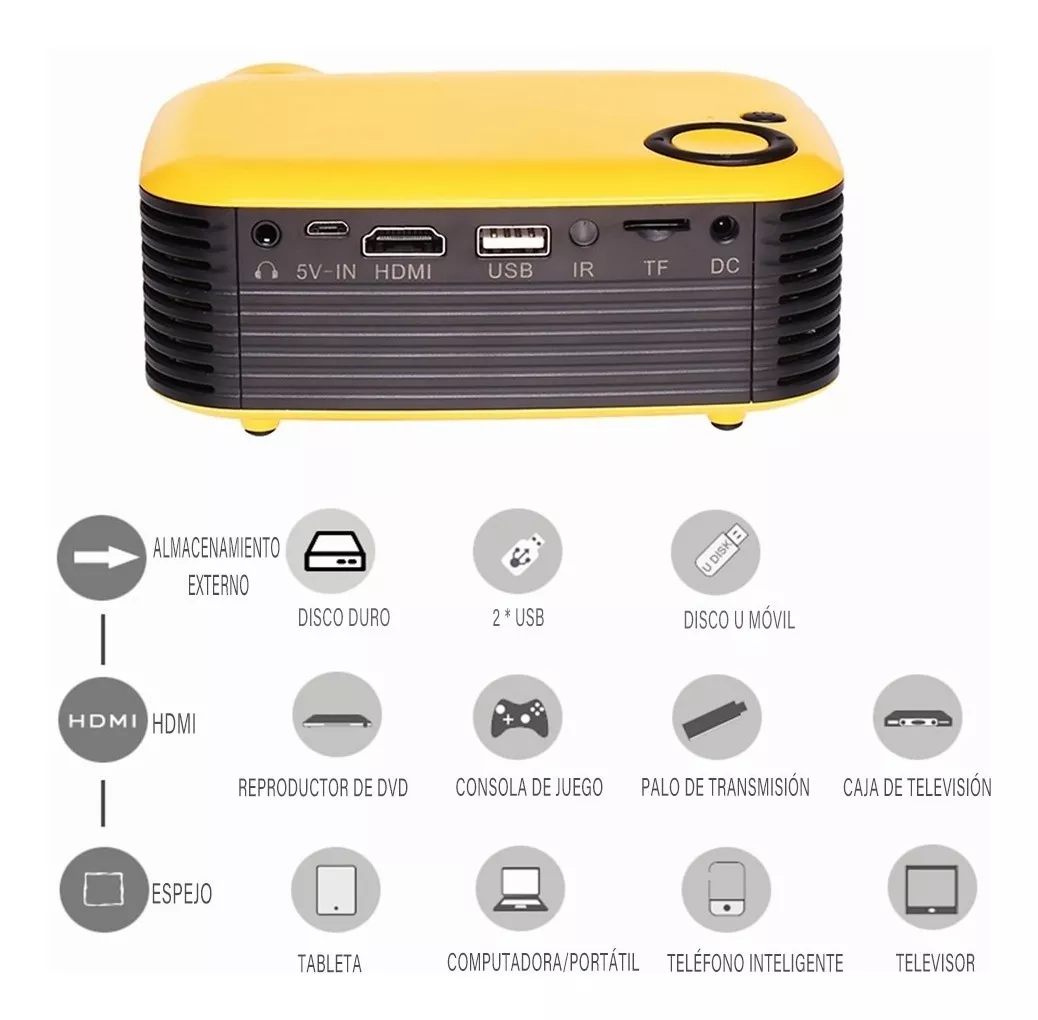 Mini Proyector Led Hd Portátil De 1080p Usb Hdmi Para Hogar Amarillo