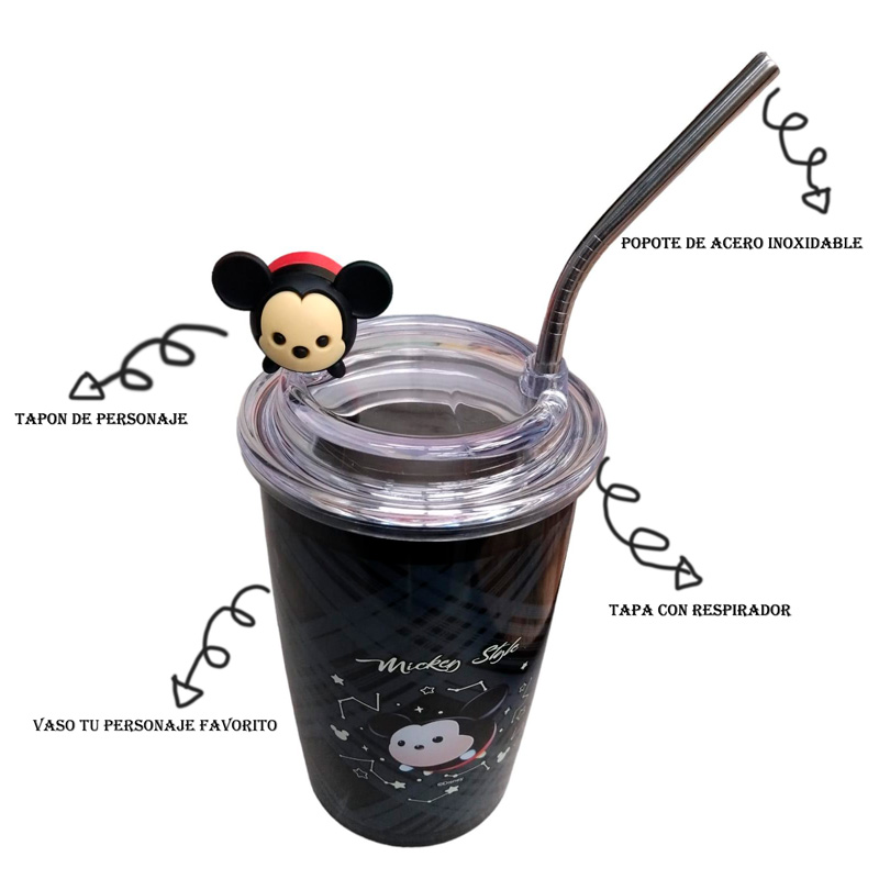 Vaso Térmico Popote Acero Inox 304 Personaje Animados 450ml verde