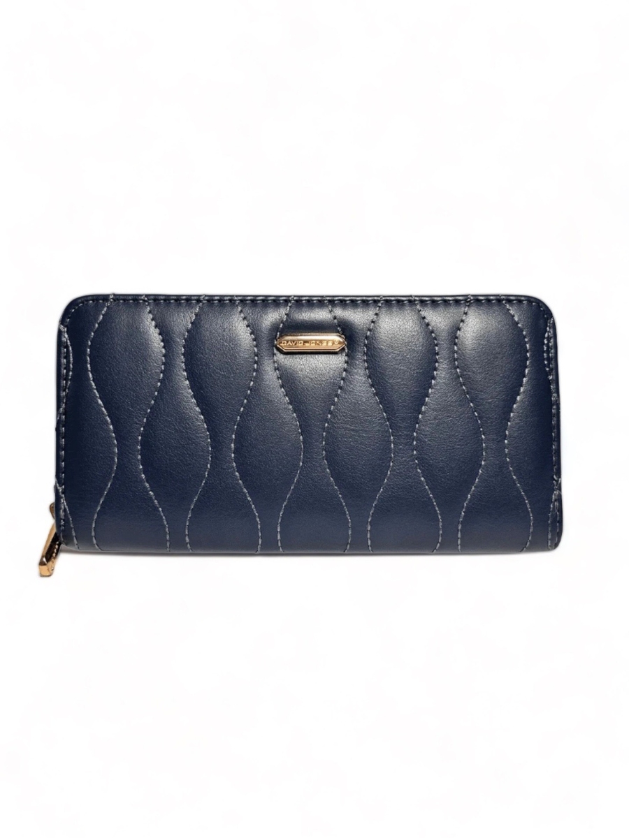 Cartera larga con diseño bordado de piel y cierre dorado para mujer de color azul