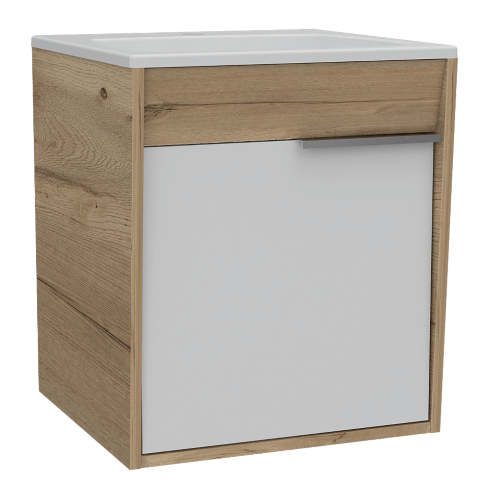 Mueble Lavamanos Burco, Café Claro y Blanco, con Espacio Para Ubicar Objetos de Aseo