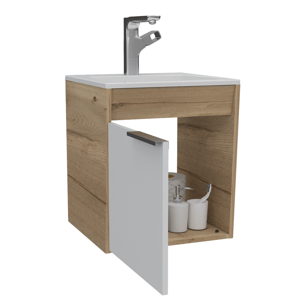 Mueble Lavamanos Burco, Café Claro y Blanco, con Espacio Para Ubicar Objetos de Aseo