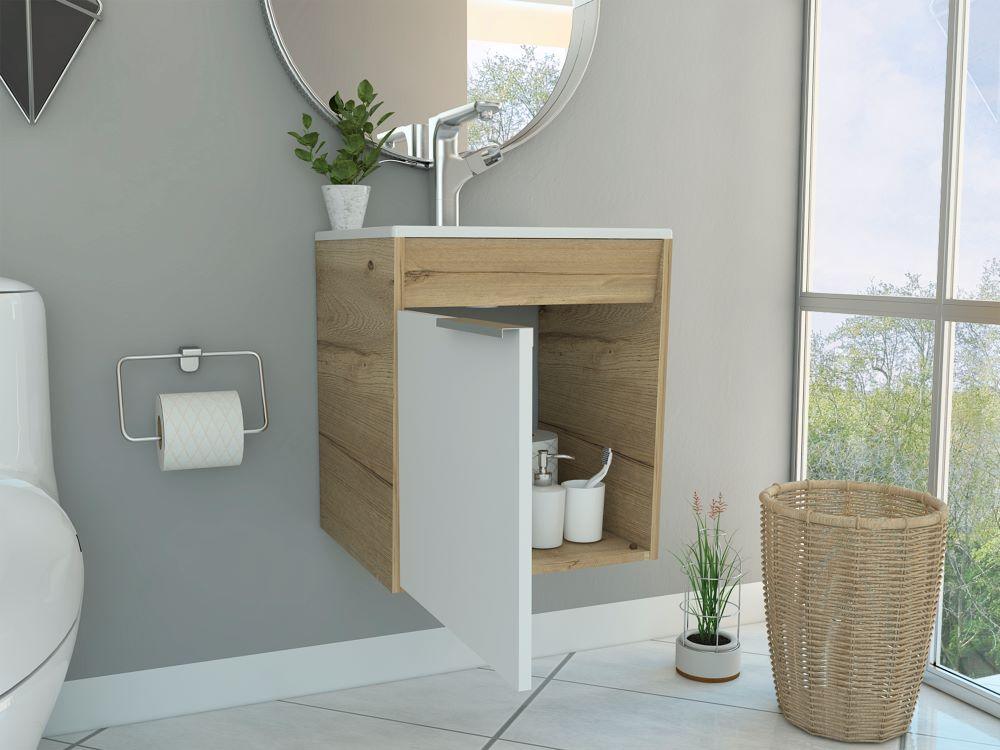 Mueble Lavamanos Burco, Café Claro y Blanco, con Espacio Para Ubicar Objetos de Aseo