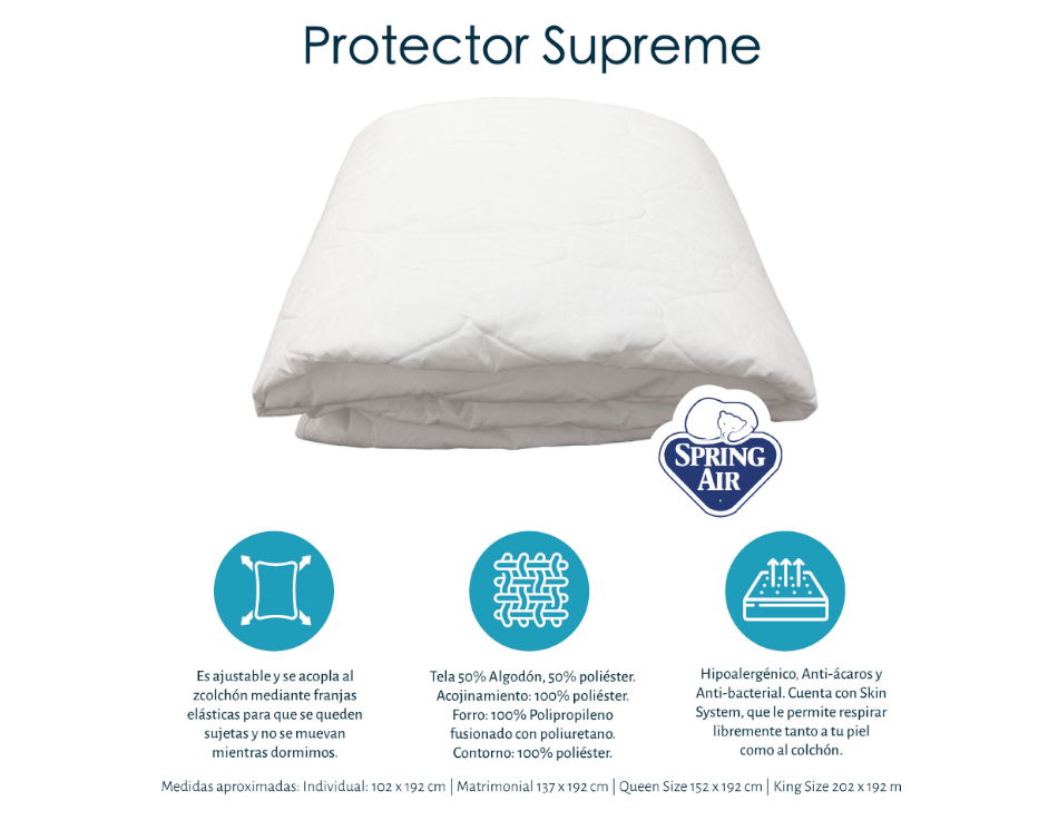 Colchón Matrimonial Spring Air LeMans Con Protector Supreme y Sábanas Softy Azul Marino.