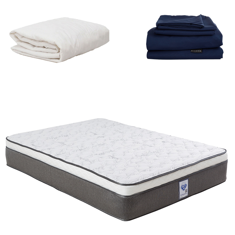 Colchón Matrimonial Spring Air LeMans Con Protector Supreme y Sábanas Softy Azul Marino.
