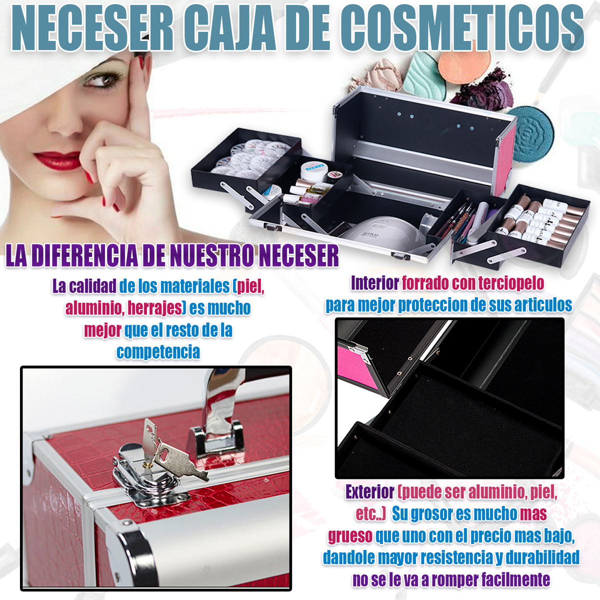 Neceser Cosmetiquera Joyero Maquillaje Organizador Estuche Profesional Rosa