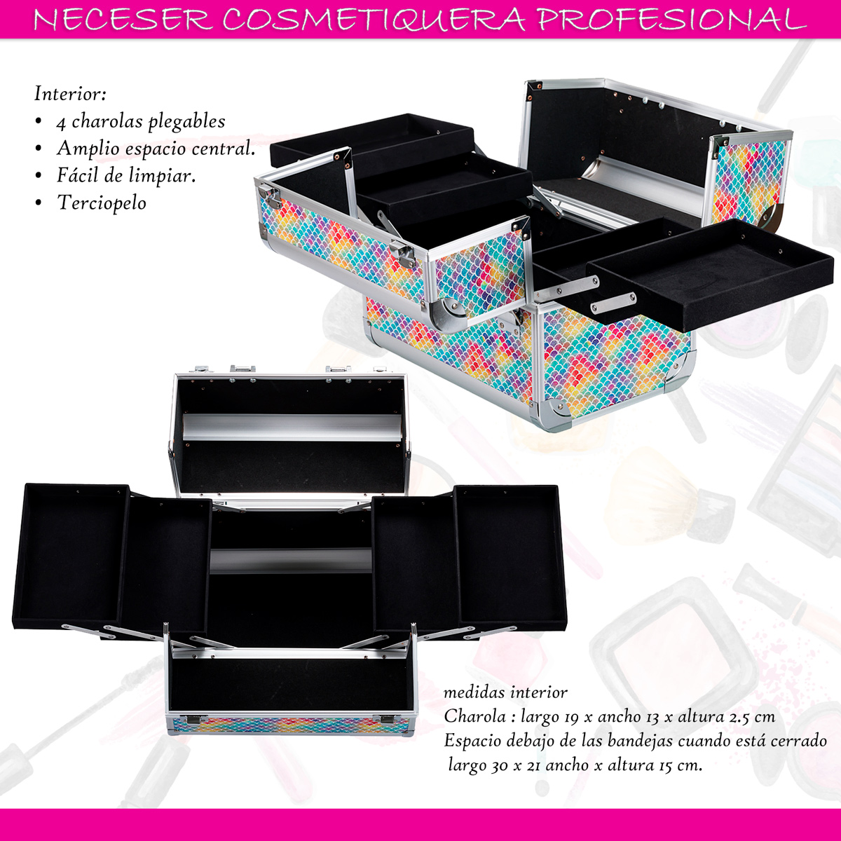 Neceser Cosmetiquera Joyero Maquillaje Organizador Estuche Profesional Rosa