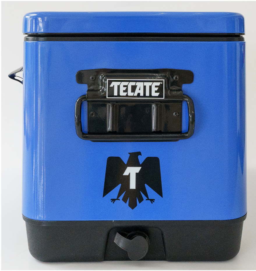Hielera Metálica Tecate Light color azul de 30 lts con capacidad para 36 latas