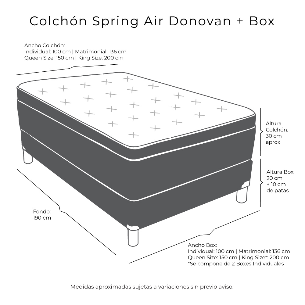 Colchón Matrimonial Spring Air Donovan Con Box Belu Negro y Almohada Royal